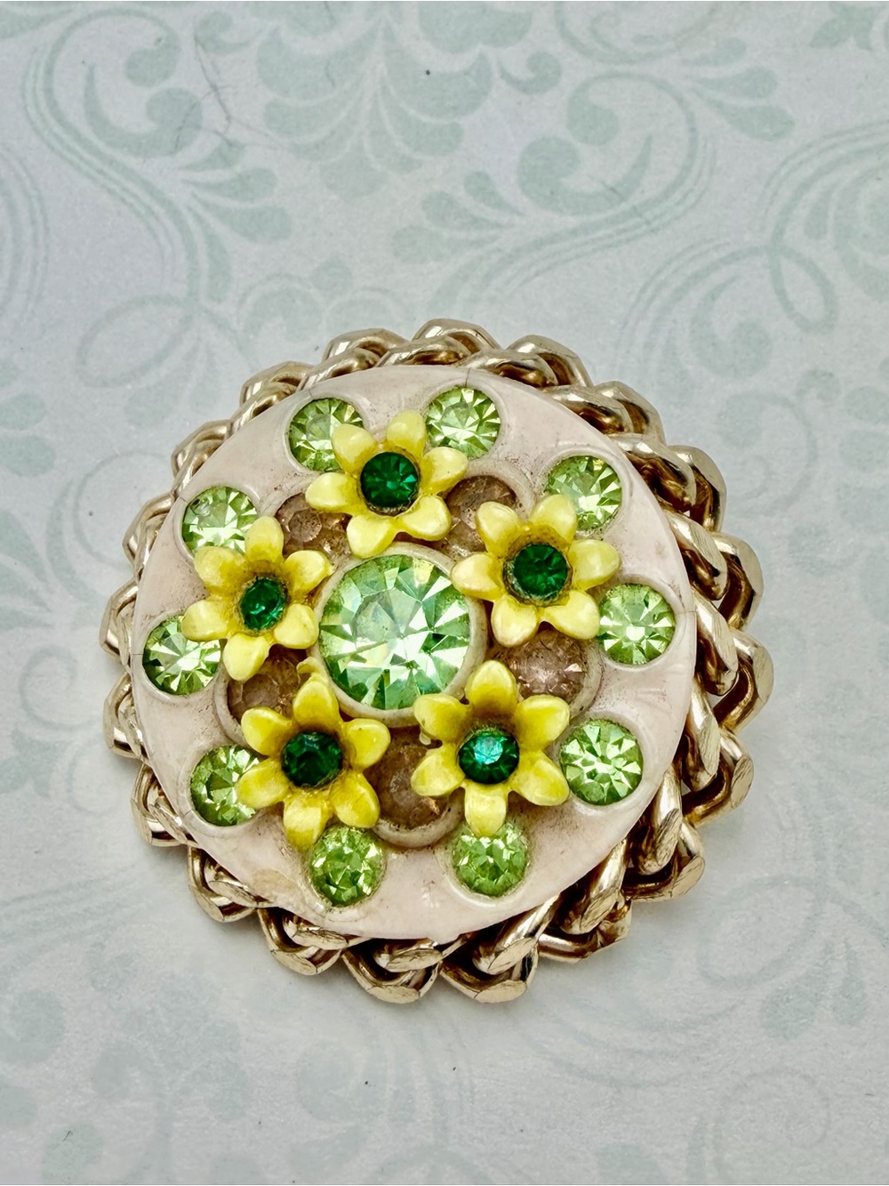 Vintage Celluloid Yellow & Green Brooch #cz779